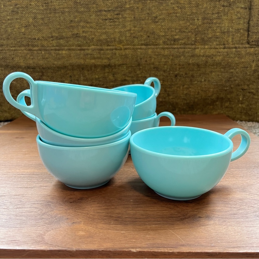 Set of 6 Vintage Melamine Coffee Mugs | Turquoise Color | 3.75x2.15” | Unbranded